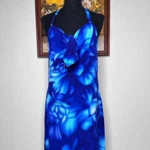 Mint Julep Midi Dress Women's Medium Backless Blue Floral Ruffled Hem Party